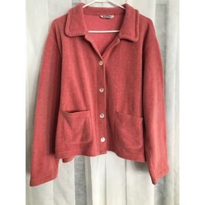 Talbots Womens Large Coral Pink Fleece Button Front Cardigan Jacket Pockets L